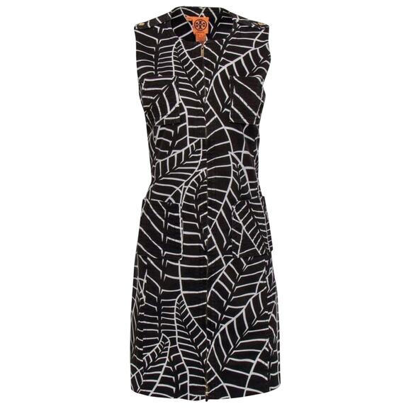 Tory Burch Brown & White Leaf Print Zip-Up Corduroy Shift Dress, Size 4 - Picture 1 of 5